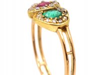 Edwardian 15ct Gold Double Heart Ring set with an Emerald & a Ruby & Rose Diamonds