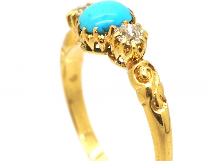 Victorian 18ct Gold Cabochon Turquoise & Diamond Three Stone Ring