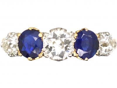 Edwardian 18ct Gold & Platinum, Five Stone Sapphire & Diamond Carved Half Hoop Ring