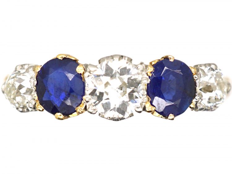 Edwardian 18ct Gold & Platinum, Five Stone Sapphire & Diamond Carved Half Hoop Ring
