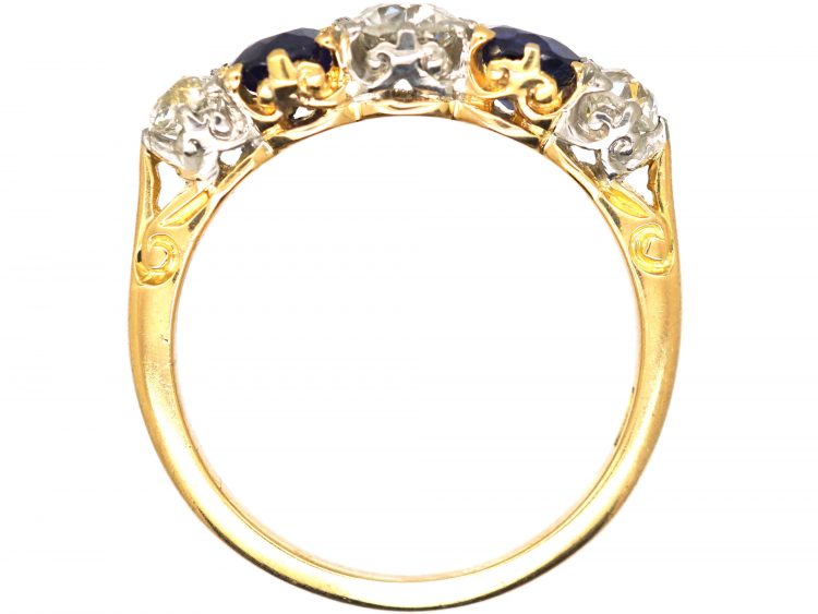 Edwardian 18ct Gold & Platinum, Five Stone Sapphire & Diamond Carved Half Hoop Ring