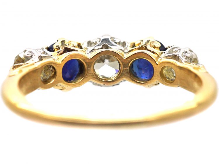 Edwardian 18ct Gold & Platinum, Five Stone Sapphire & Diamond Carved Half Hoop Ring