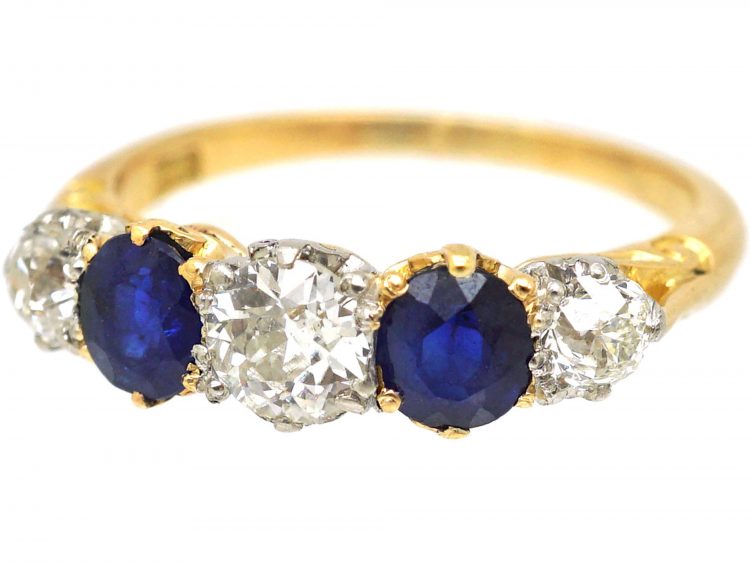 Edwardian 18ct Gold & Platinum, Five Stone Sapphire & Diamond Carved Half Hoop Ring