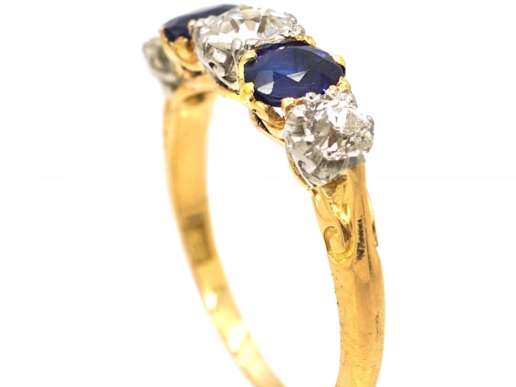 Edwardian 18ct Gold & Platinum, Five Stone Sapphire & Diamond Carved Half Hoop Ring