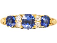 Edwardian 18ct Gold Sapphire & Diamond Three Stone Carved Half Hoop Ring