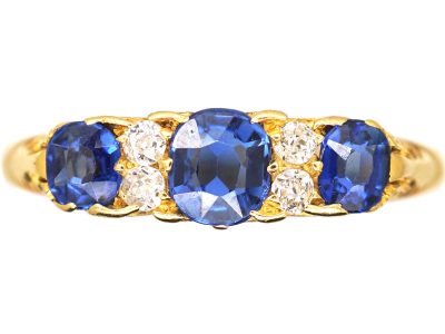 Edwardian 18ct Gold Sapphire & Diamond Three Stone Carved Half Hoop Ring