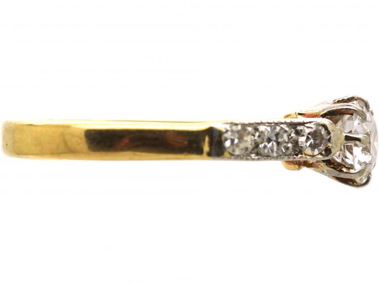 Early 20th Century 18ct Gold & Platinum, Diamond Solitaire Ring with Diamond set Shoulders