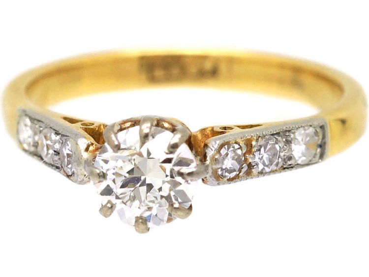Early 20th Century 18ct Gold & Platinum, Diamond Solitaire Ring with Diamond set Shoulders