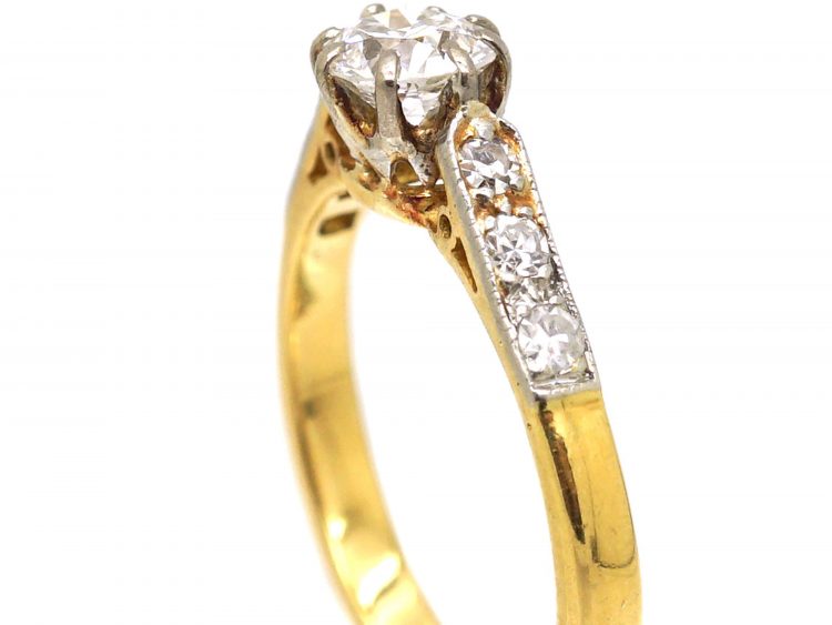 Early 20th Century 18ct Gold & Platinum, Diamond Solitaire Ring with Diamond set Shoulders