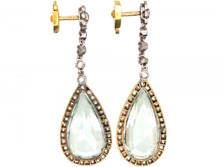 French Belle Epoque 18ct Gold & Platinum Large Aquamarine & Diamond Drop Earrings