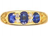 Victorian 18ct Gold, Sapphire & Diamond Three Stone Boat Shaped Ring