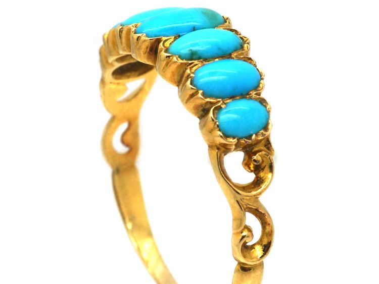 Early Victorian 18ct Gold Ring set with Seven Cabochon Cut Turquoise