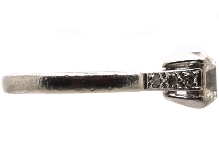 Art Deco Platinum Ring set with an Asscher Cut Diamond with Diamond set Shoulders
