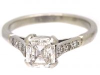 Art Deco Platinum Ring set with an Asscher Cut Diamond with Diamond set Shoulders