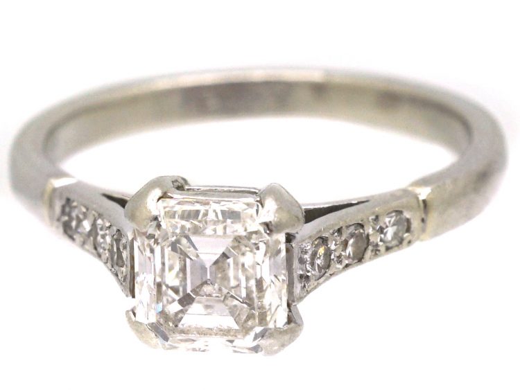 Art Deco Platinum Ring set with an Asscher Cut Diamond with Diamond set Shoulders