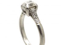Art Deco Platinum Ring set with an Asscher Cut Diamond with Diamond set Shoulders