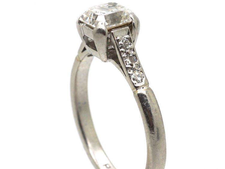 Art Deco Platinum Ring set with an Asscher Cut Diamond with Diamond set Shoulders