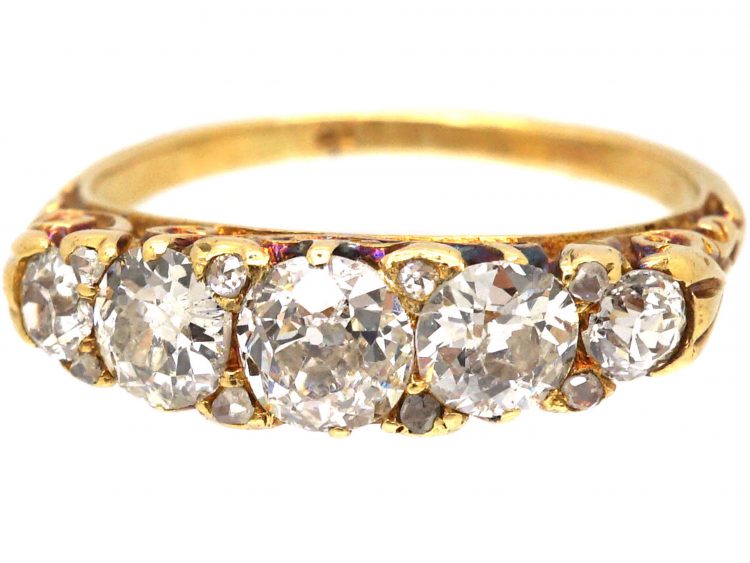 Victorian 18ct Gold, Five Stone Diamond Carved Half Hoop Ring