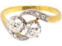 Edwardian 18ct Gold & Platinum Two Stone Diamond Crossover Ring