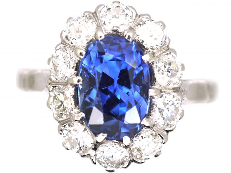 French Early 20th Century Platinum, Sapphire & Diamond Oval Cluster Ring
