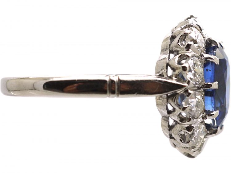 French Early 20th Century Platinum, Sapphire & Diamond Oval Cluster Ring