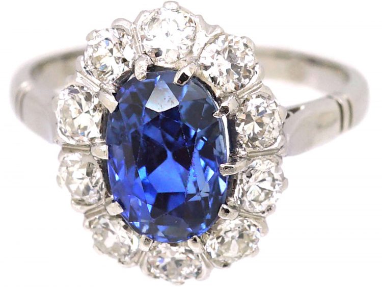 French Early 20th Century Platinum, Sapphire & Diamond Oval Cluster Ring