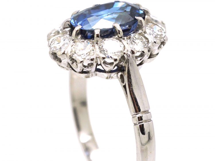 French Early 20th Century Platinum, Sapphire & Diamond Oval Cluster Ring
