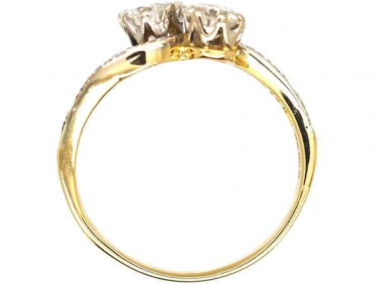 Edwardian 18ct Gold & Platinum, Two Stone Diamond Crossover Ring with Diamond set Shoulders