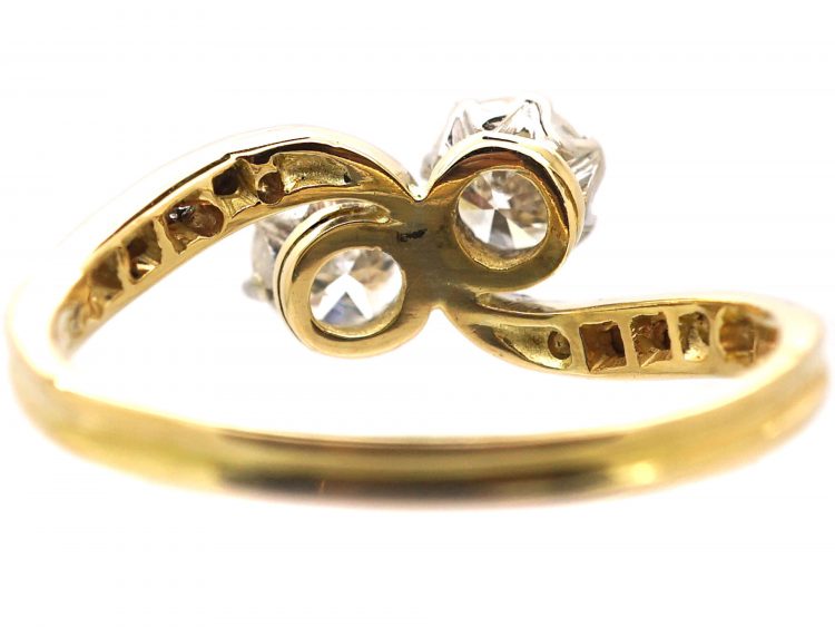 Edwardian 18ct Gold & Platinum, Two Stone Diamond Crossover Ring with Diamond set Shoulders