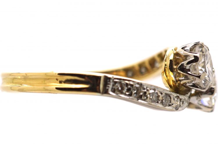 Edwardian 18ct Gold & Platinum, Two Stone Diamond Crossover Ring with Diamond set Shoulders