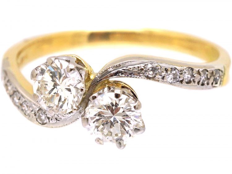 Edwardian 18ct Gold & Platinum, Two Stone Diamond Crossover Ring with Diamond set Shoulders