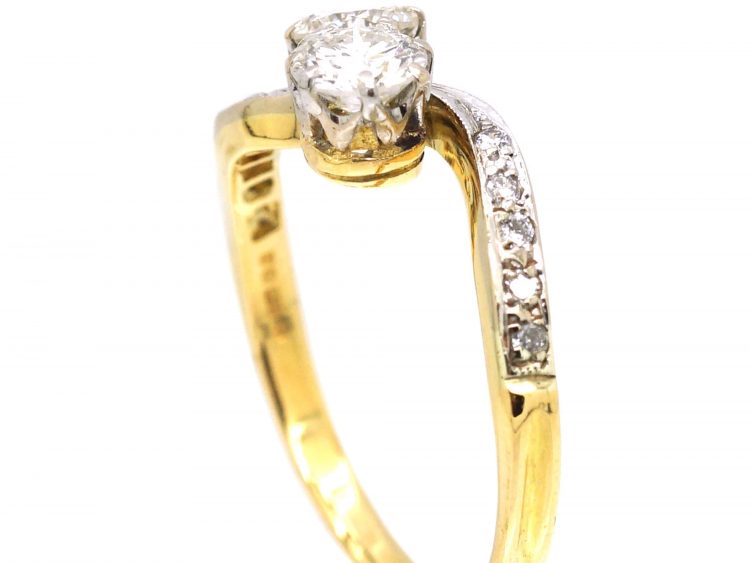 Edwardian 18ct Gold & Platinum, Two Stone Diamond Crossover Ring with Diamond set Shoulders