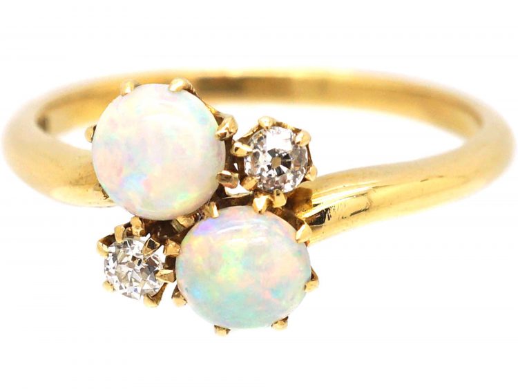 Edwardian 18ct Gold Crossover Ring set with Opals & Diamonds by Alabaster & Wilson