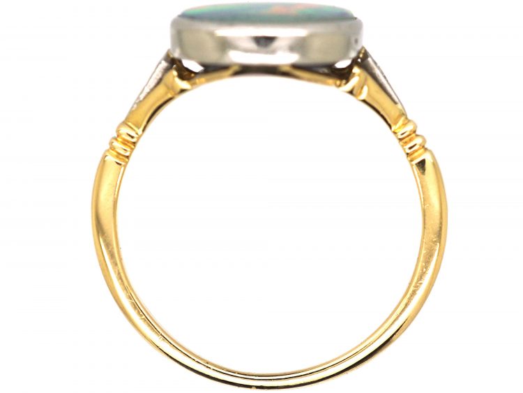 Art Deco 18ct Gold & Platinum, Black Opal Ring with Diamond Shoulders