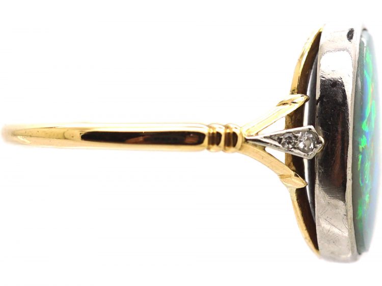 Art Deco 18ct Gold & Platinum, Black Opal Ring with Diamond Shoulders