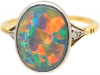Art Deco 18ct Gold & Platinum, Black Opal Ring with Diamond Shoulders