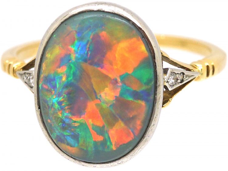 Art Deco 18ct Gold & Platinum, Black Opal Ring with Diamond Shoulders