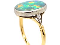 Art Deco 18ct Gold & Platinum, Black Opal Ring with Diamond Shoulders
