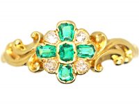 Early Victorian 18ct Gold Emerald & Diamond Cluster Ring with Ornate Shoulders