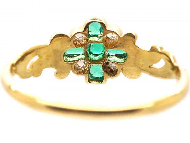 Early Victorian 18ct Gold Emerald & Diamond Cluster Ring with Ornate Shoulders