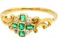 Early Victorian 18ct Gold Emerald & Diamond Cluster Ring with Ornate Shoulders