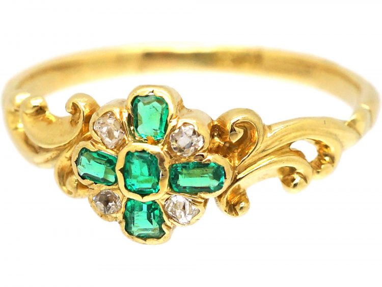 Early Victorian 18ct Gold Emerald & Diamond Cluster Ring with Ornate Shoulders