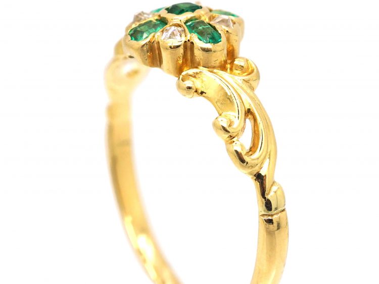 Early Victorian 18ct Gold Emerald & Diamond Cluster Ring with Ornate Shoulders