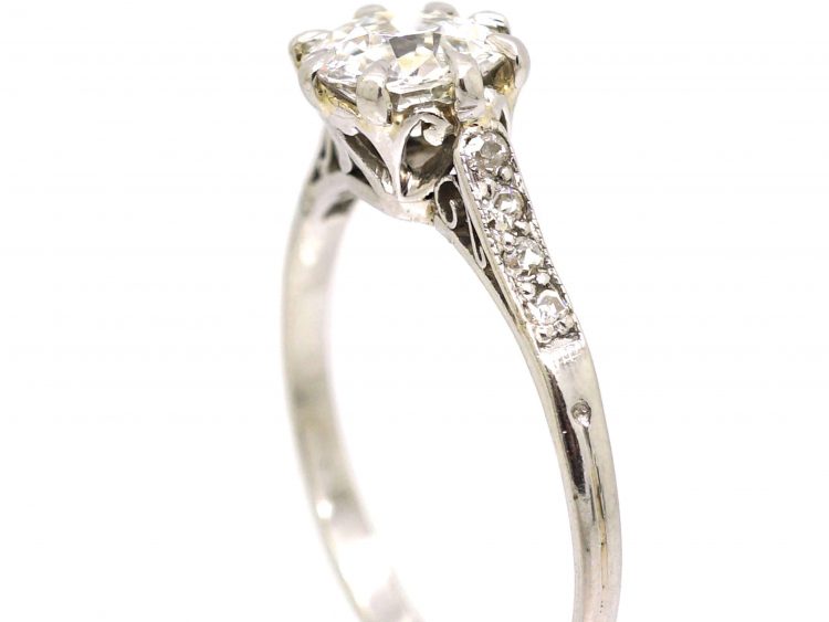 Early 20th Century 18ct White Gold Diamond Solitaire Ring with Diamond set Shoulders