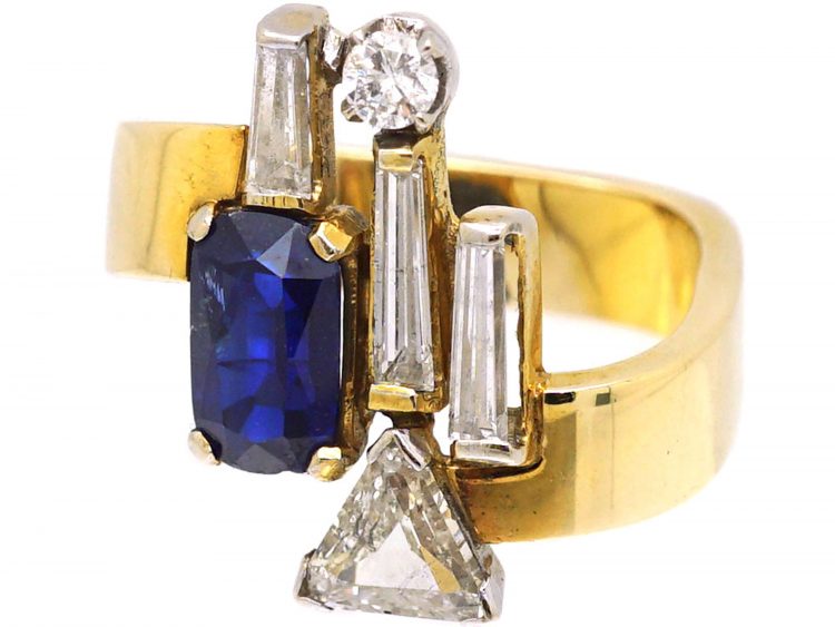 18ct Gold Modernist Ring set with a Sapphire & Diamonds