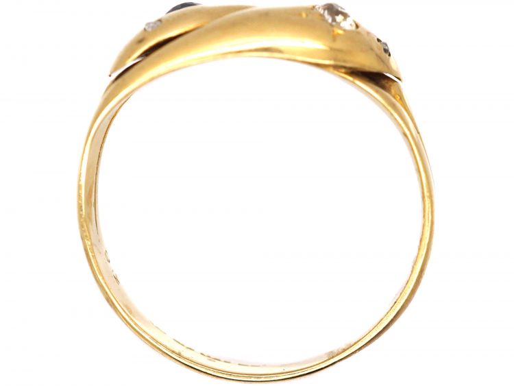 Edwardian 18ct Gold Double Snake Ring set with a Diamond & a Sapphire