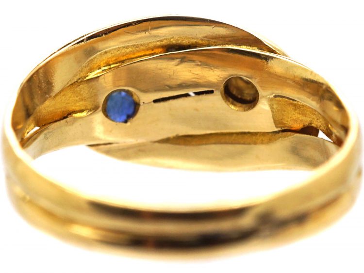 Edwardian 18ct Gold Double Snake Ring set with a Diamond & a Sapphire