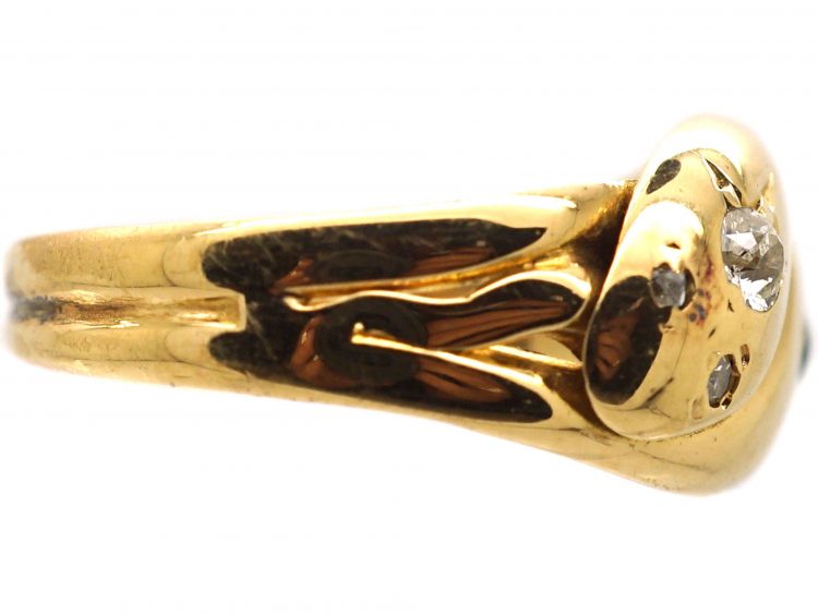 Edwardian 18ct Gold Double Snake Ring set with a Diamond & a Sapphire