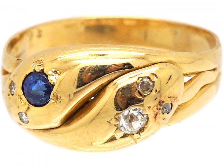 Edwardian 18ct Gold Double Snake Ring set with a Diamond & a Sapphire