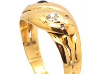 Edwardian 18ct Gold Double Snake Ring set with a Diamond & a Sapphire